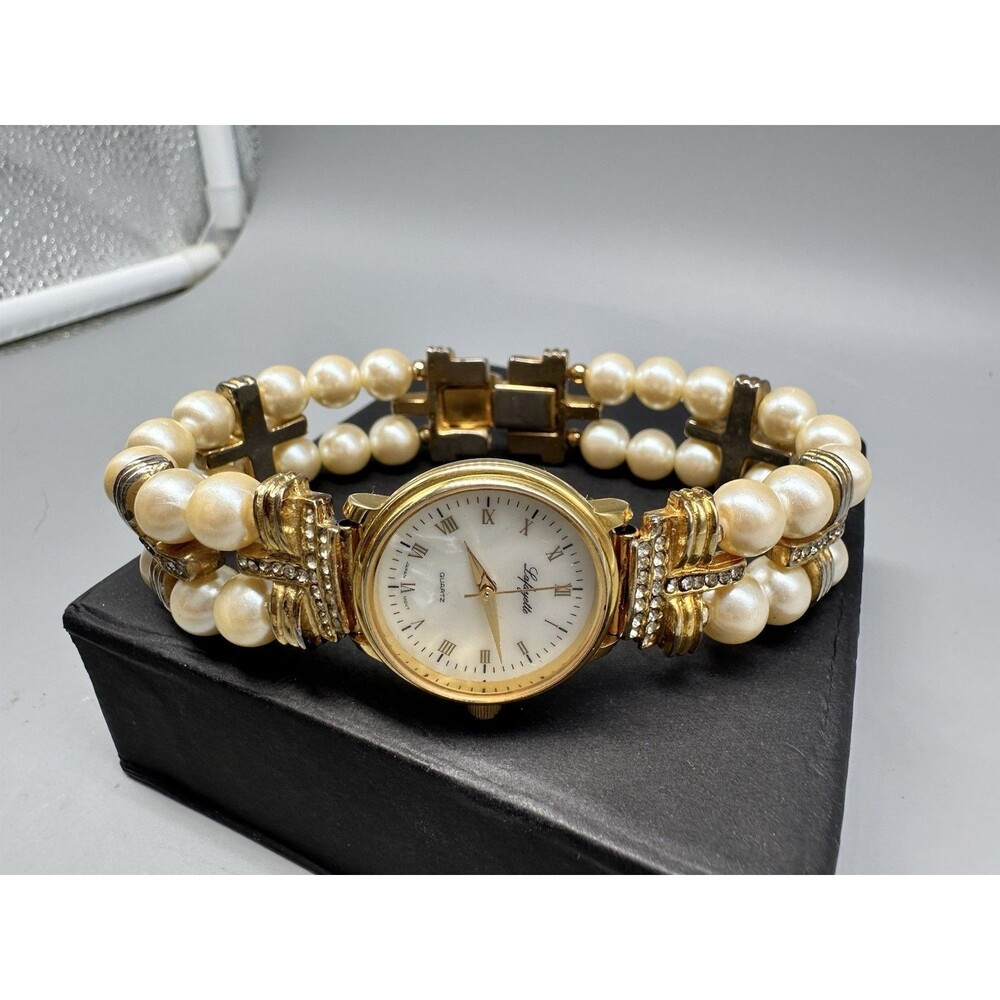 Gold Tone Pearl & Rhinestone Vintage Bracelet Watch Ladies Wristwatch